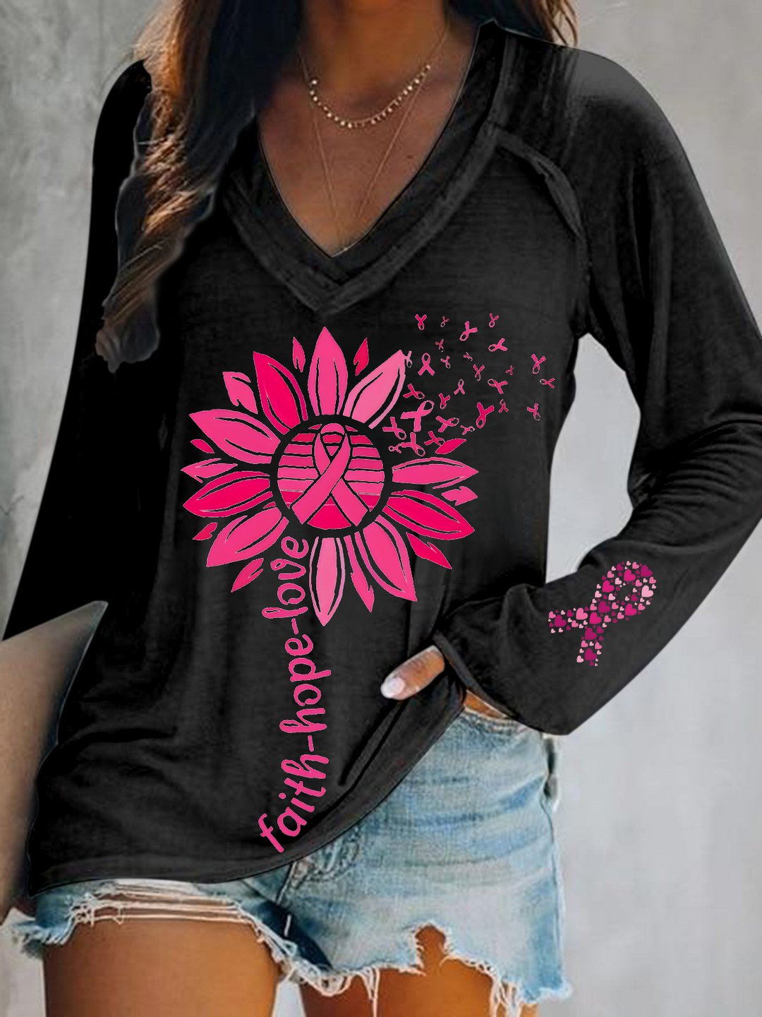 Faith Hope Love Pink Ribbon Daisy Art Print V-Neck Long Sleeve Top