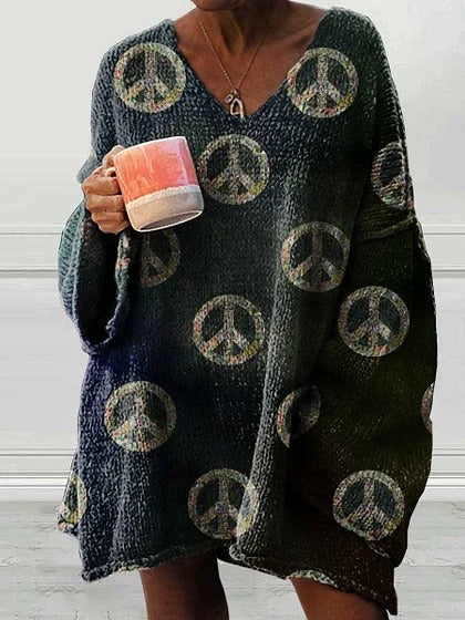 Women's Vintage Hippie Peace Sign Love and Peace Casual Pullover Sweater