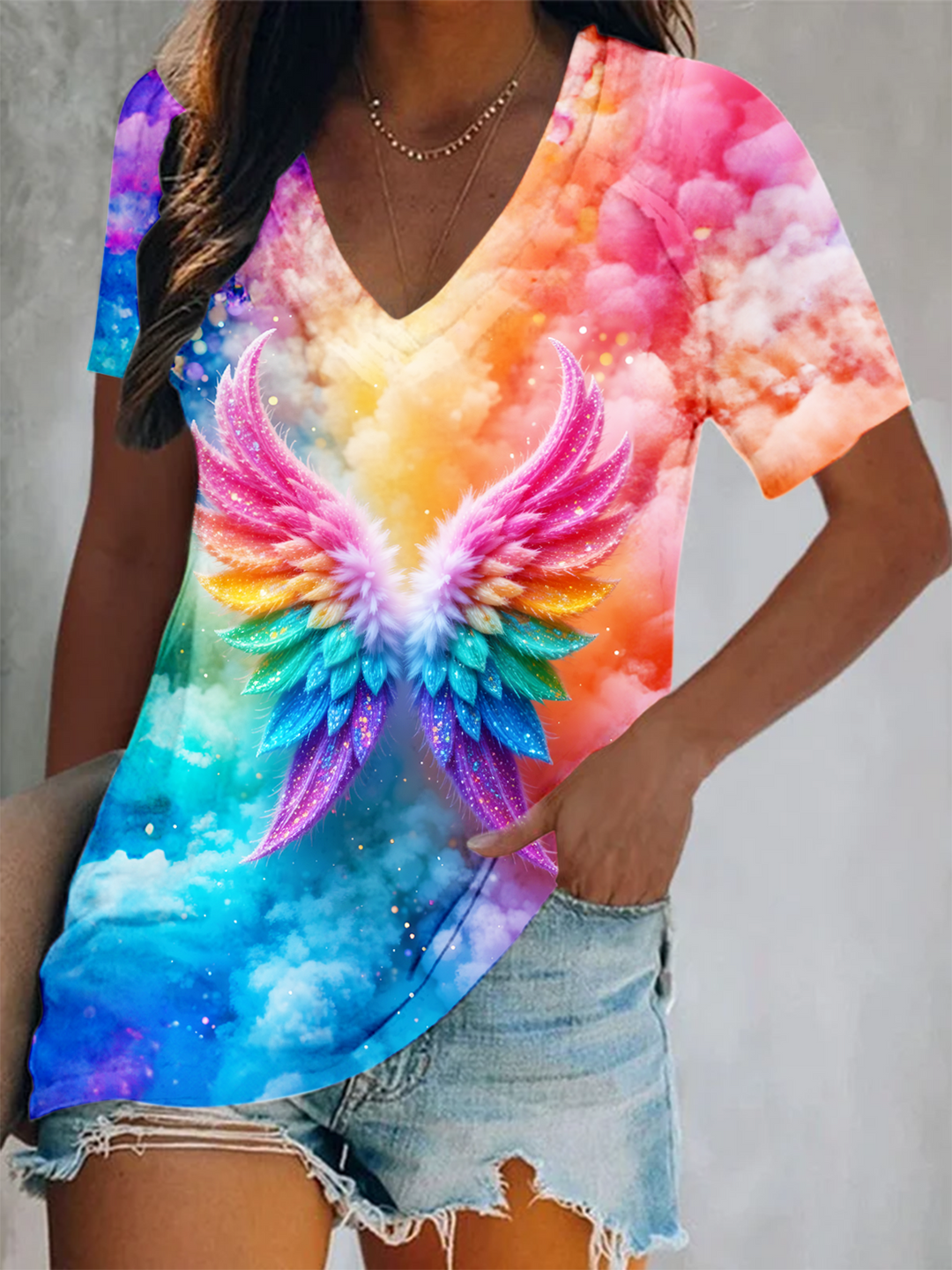 Colorful Clouds Hippie Wings Art Short Sleeve V Neck Print Top