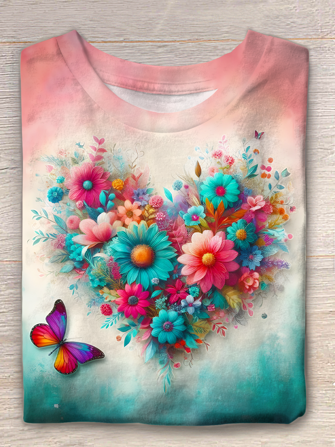 Gradient Floral Hippie Butterfly Love Crew Neck T-shirt