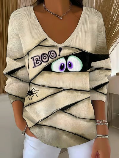 Women's Halloween Peek Monster Casual V Neck Pullover Sweater