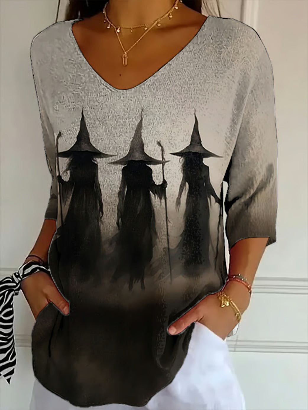 Halloween Spooky Witch Ladies Loose 3/4 Sleeve Top