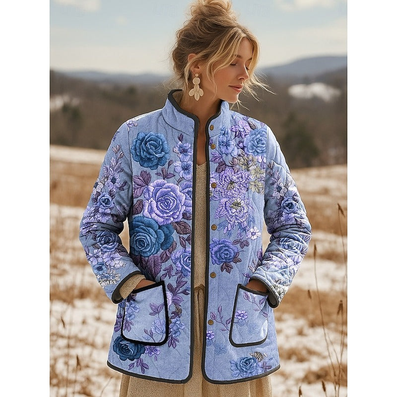 Women's Colorful Blue Rose Fowers Pattern Cotton Jacket