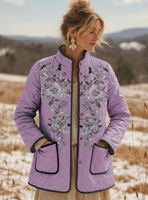 Women's Retro Purple Flowers Pattern Cotton Jacket