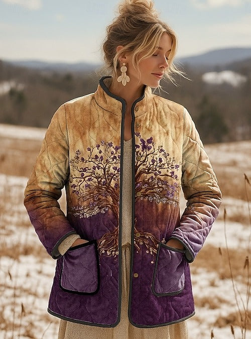 Women's Retro Gradient Purple Flowers Pattern Cotton Jacket