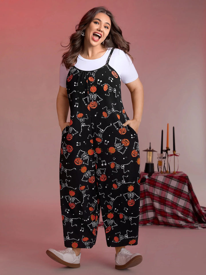 Pumpkin Skeleton Print Cami Sleep Jumpsuit