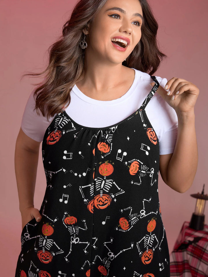 Pumpkin Skeleton Print Cami Sleep Jumpsuit
