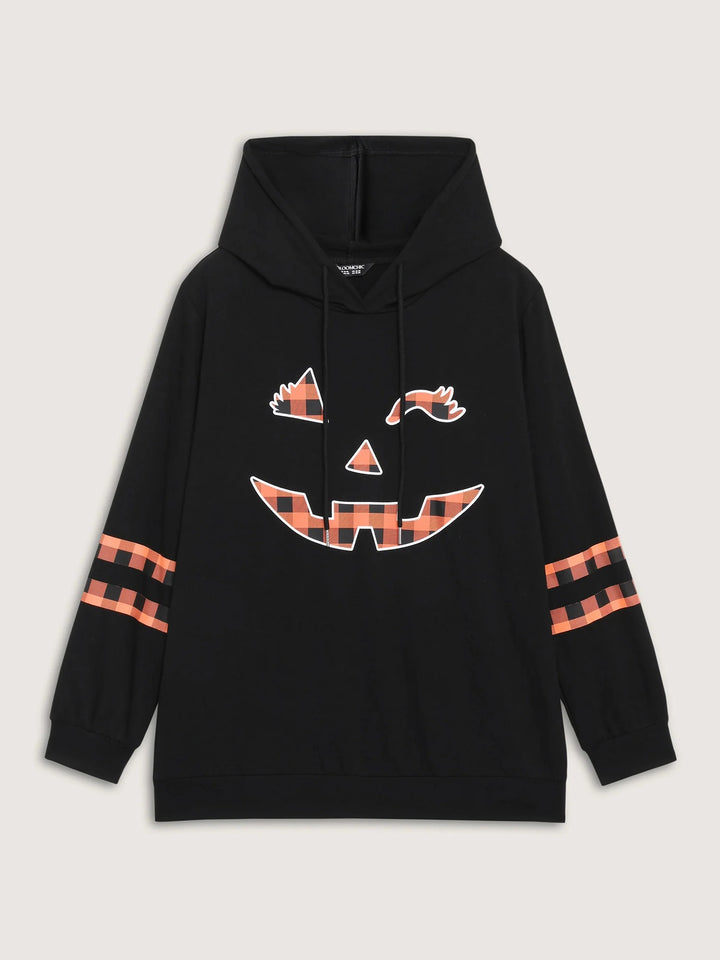Pumpkin Plaid Print Solid Hoodie