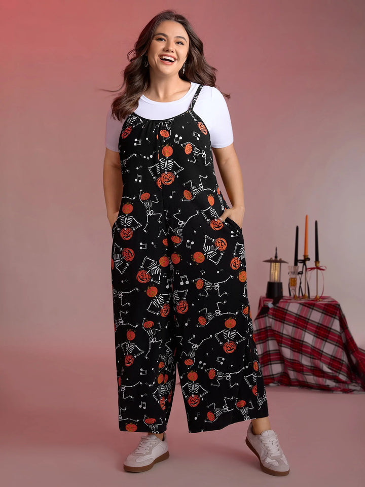 Pumpkin Skeleton Print Cami Sleep Jumpsuit