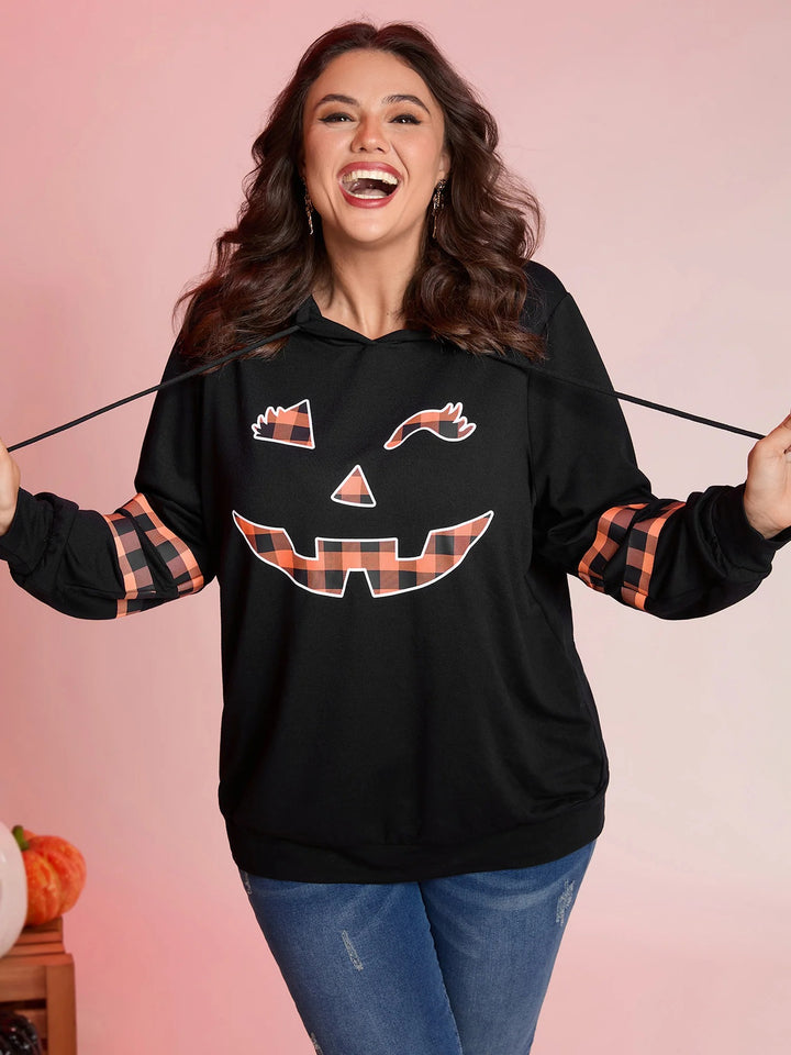 Pumpkin Plaid Print Solid Hoodie
