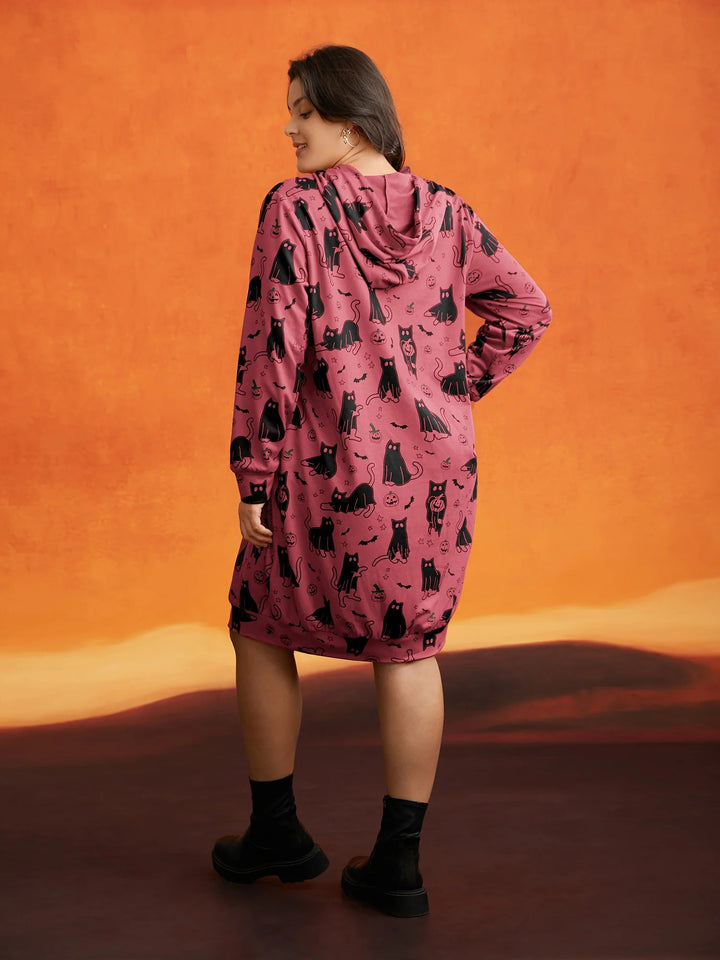 Pumpkin Cat Printed Hooded Midi Dress