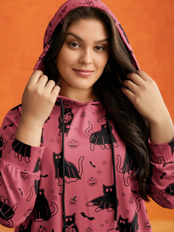 Pumpkin Cat Printed Hooded Midi Dress