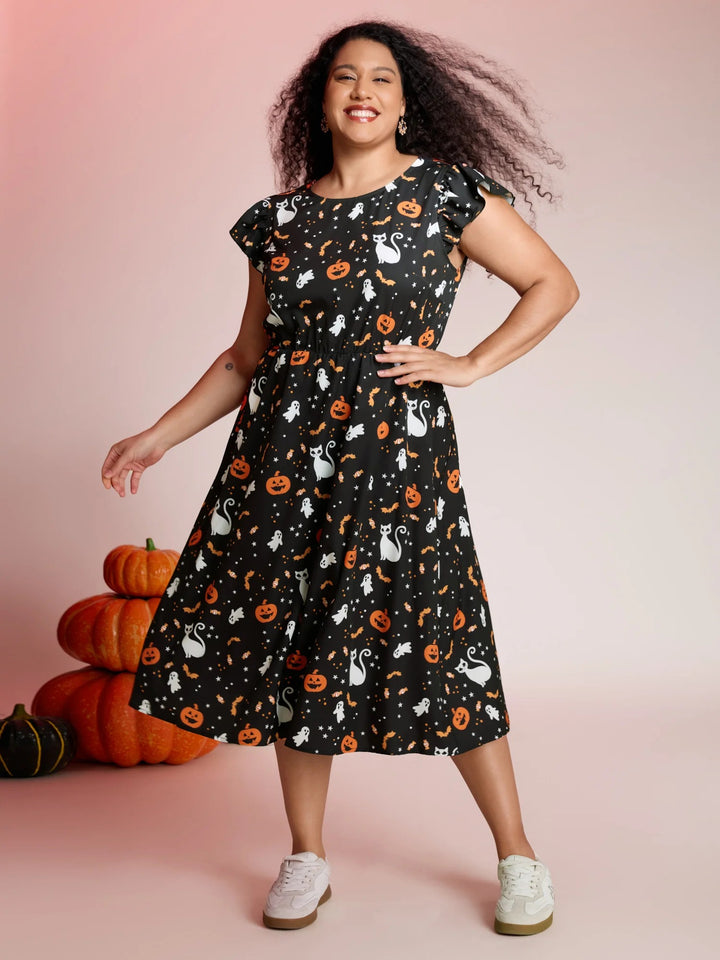 Pumpkin Printed Ruffle Sleeves Midi Dress
