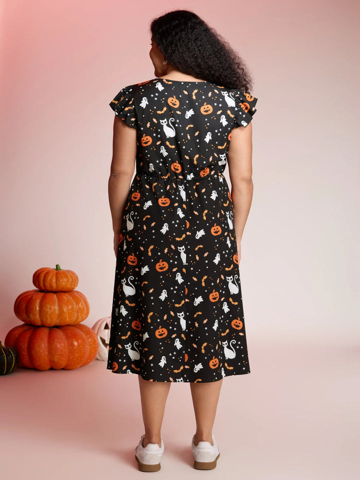 Pumpkin Printed Ruffle Sleeves Midi Dress