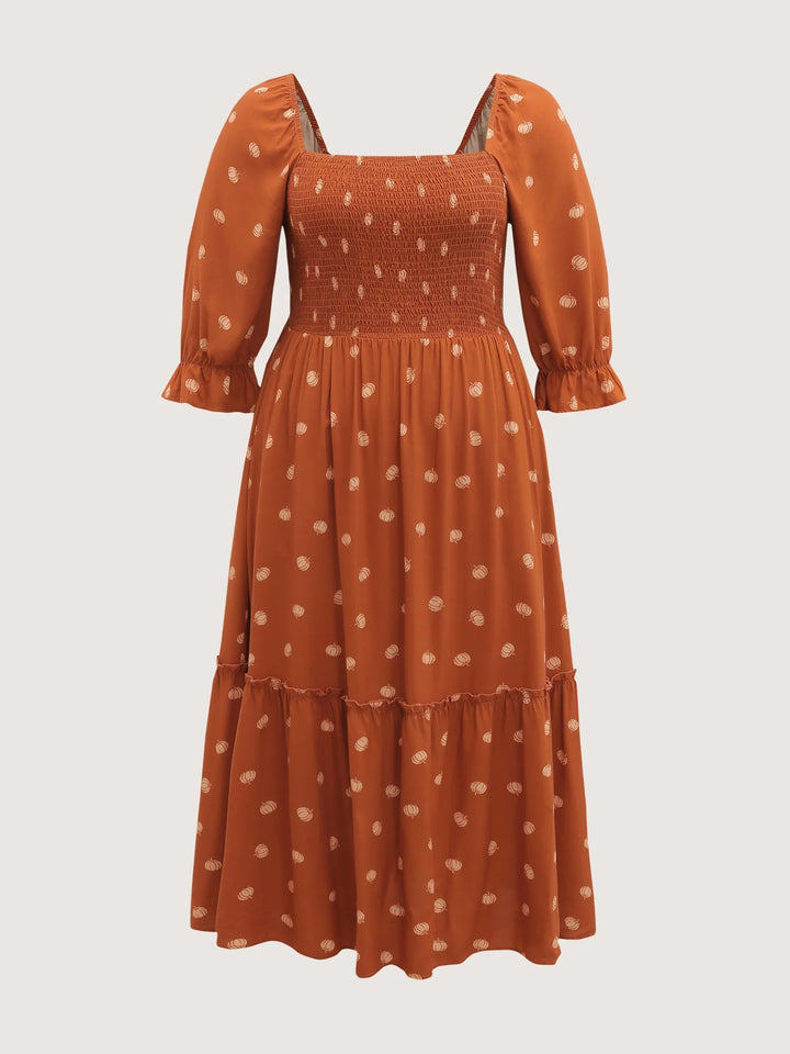 Polka Dots Shirred Bodice Pockets Maxi Dress
