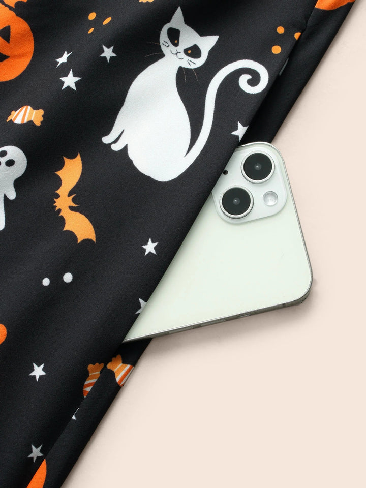 Pumpkin Printed Ruffle Sleeves Midi Dress