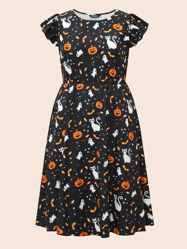 Pumpkin Printed Ruffle Sleeves Midi Dress