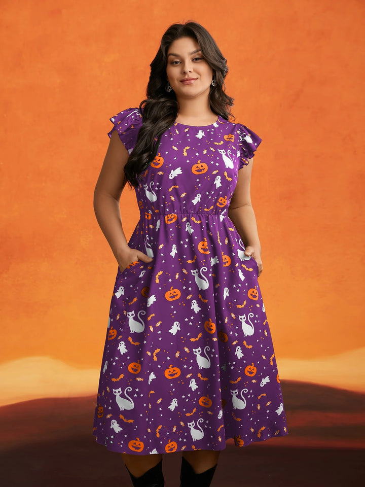 Pumpkin Printed Ruffle Sleeves Midi Dress