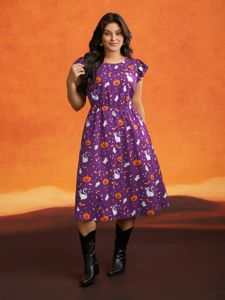 Pumpkin Printed Ruffle Sleeves Midi Dress