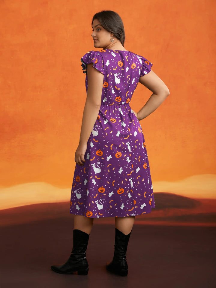 Pumpkin Printed Ruffle Sleeves Midi Dress