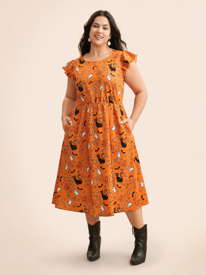 Pumpkin Printed Ruffle Sleeves Midi Dress