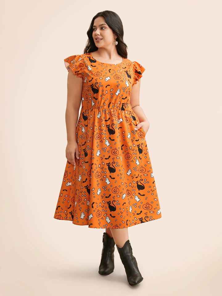 Pumpkin Printed Ruffle Sleeves Midi Dress