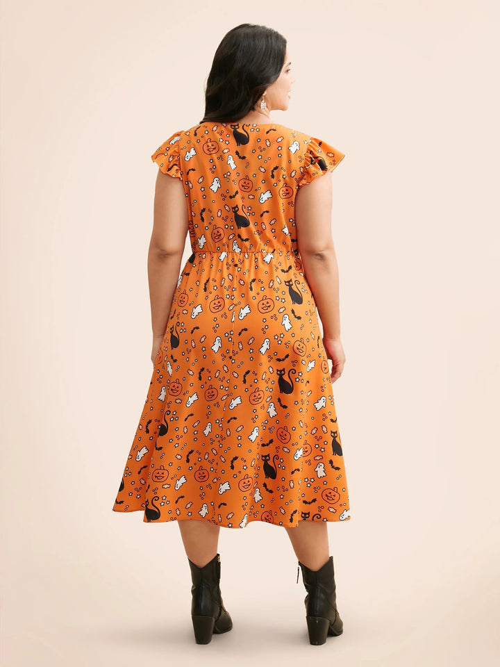Pumpkin Printed Ruffle Sleeves Midi Dress