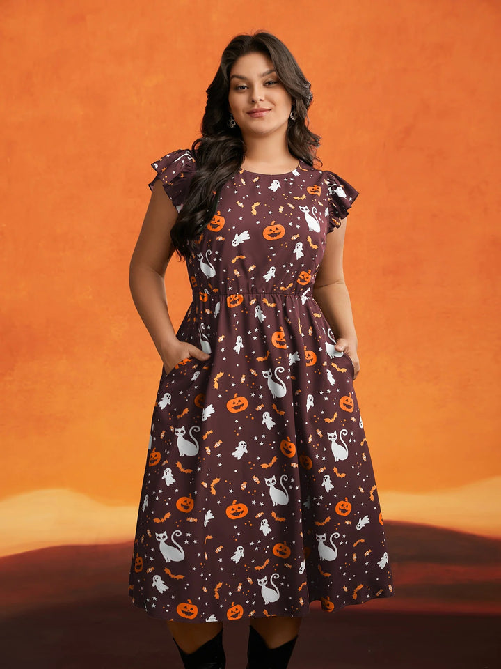 Pumpkin Printed Ruffle Sleeves Midi Dress