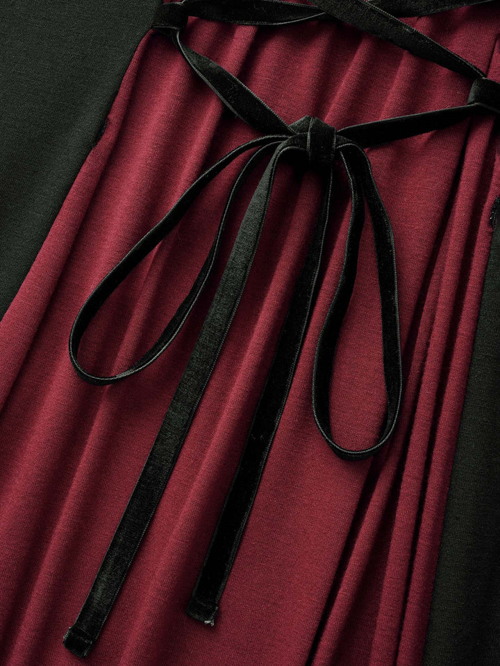 Stretchy Knit Adjustable Tie Frill Trim Midi Dress