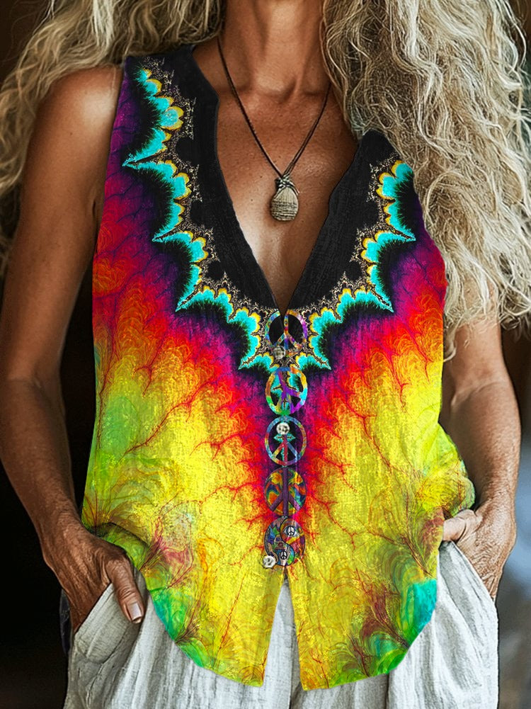 Hippie Print Sleeveless Cotton Crinkled Shirt