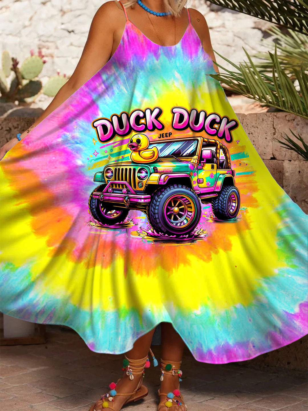 Women's Tie Dye Duck Casual Spaghetti Strap Dress