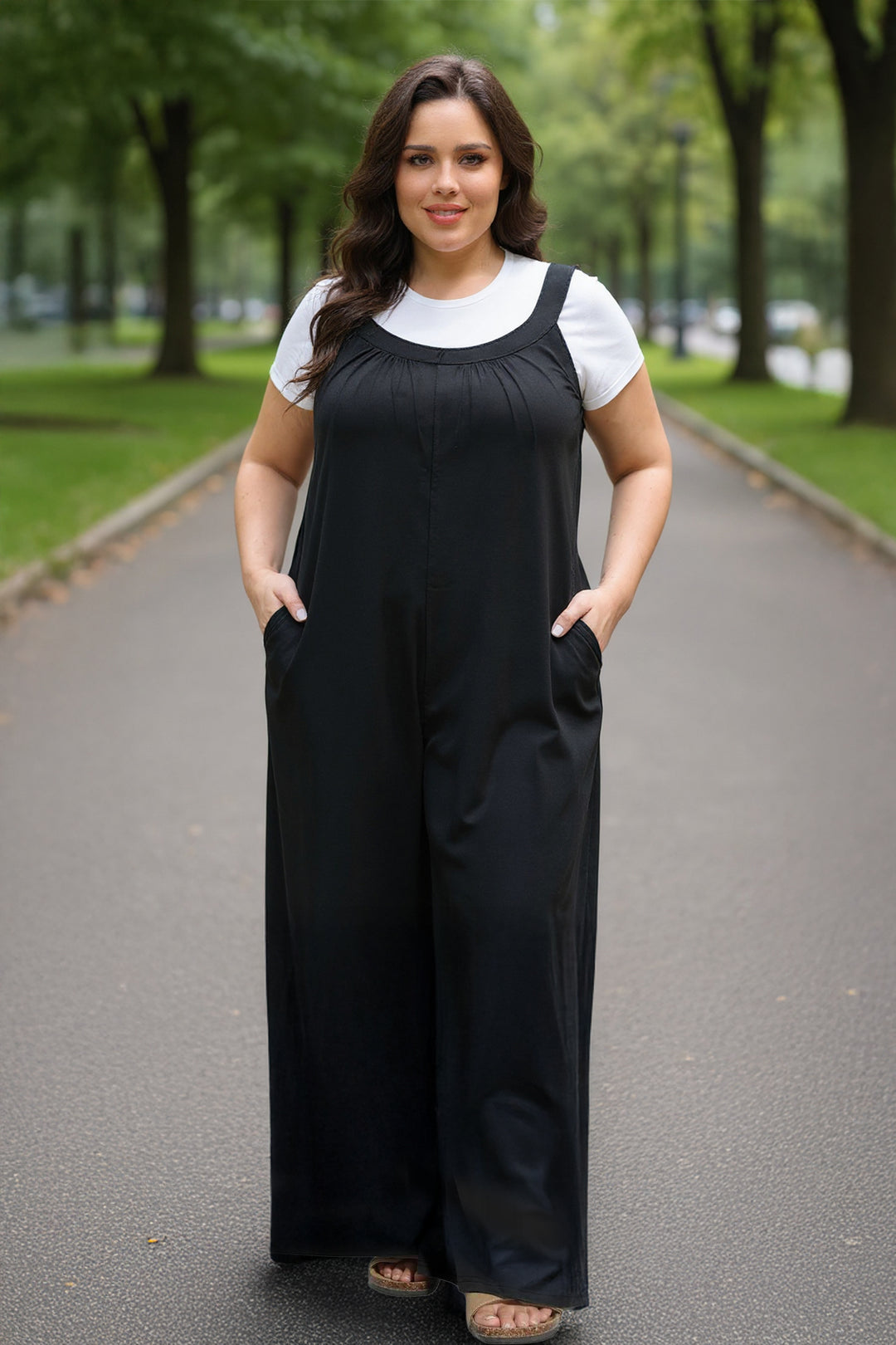 Pockets Pleated Cami Wide Leg Jumpsuit