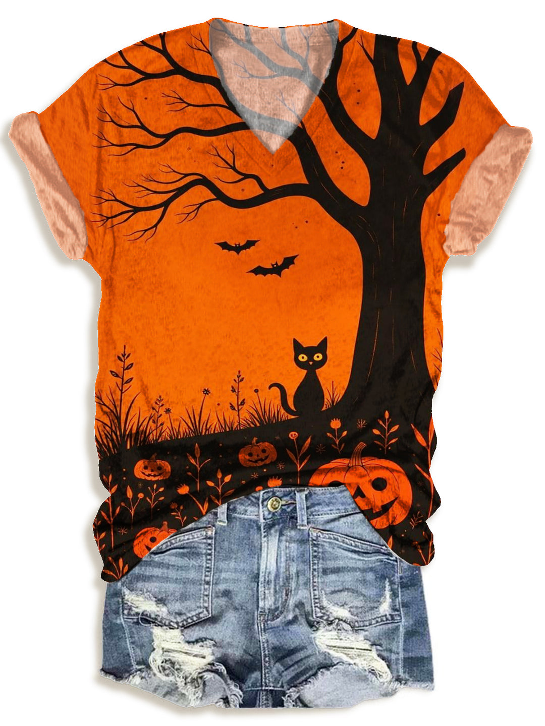 Halloween Black Cat Print V-neck T-Shirt