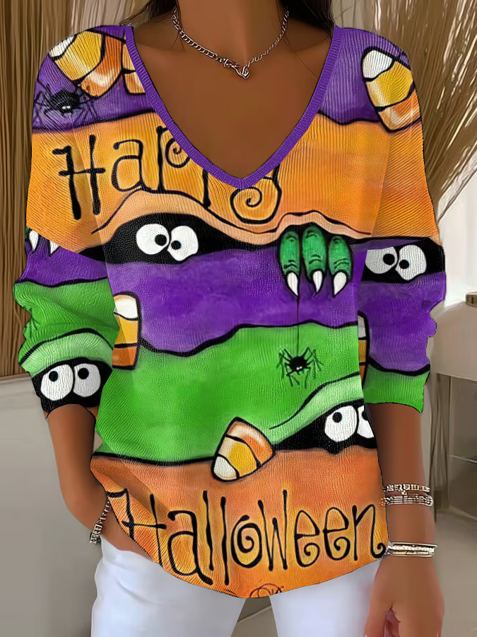 Retro Halloween Monster Casual V Neck Pullover Sweater