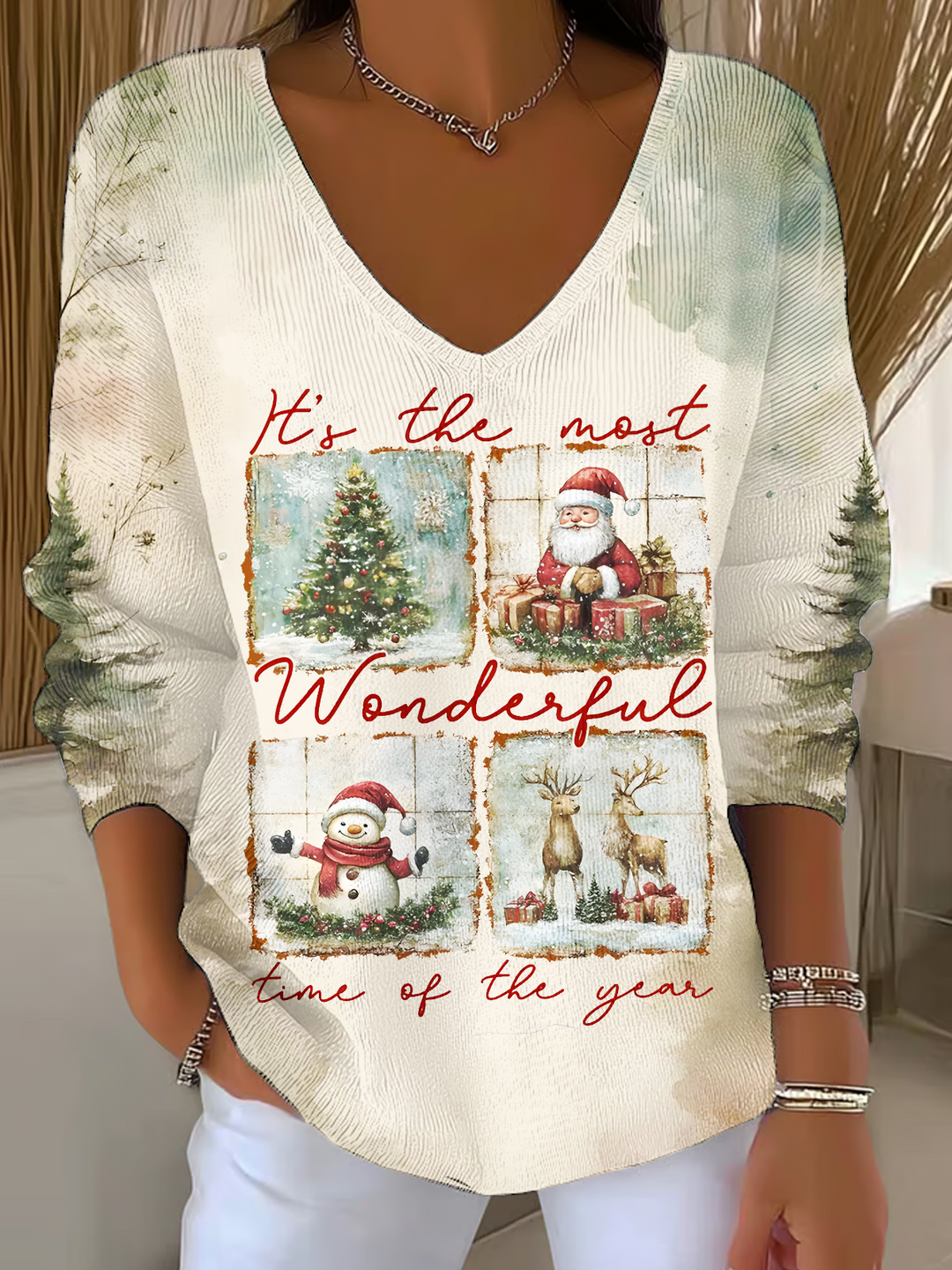 Retro Christmas Casual V Neck Pullover Sweater