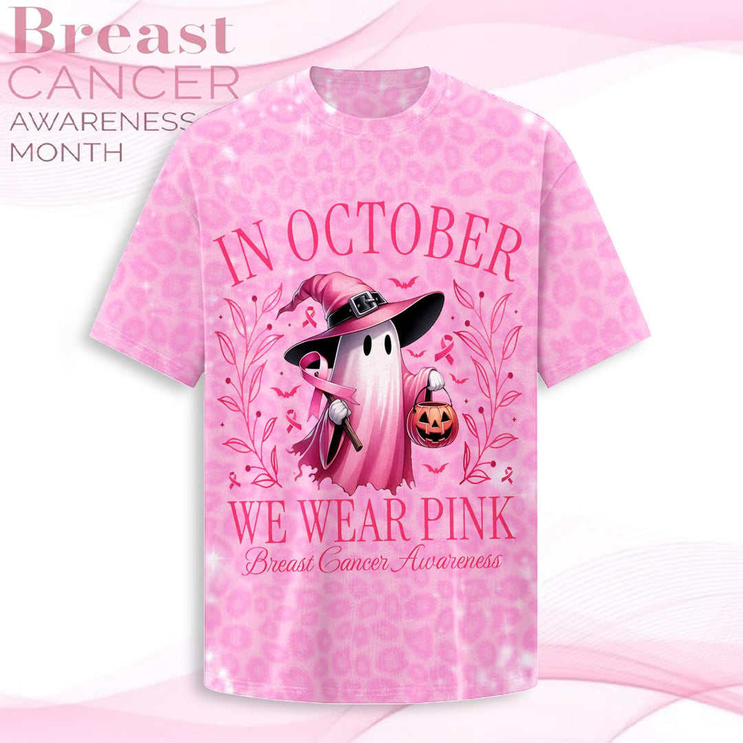 Halloween Breast Cancer Ghost Crew Neck T-shirt