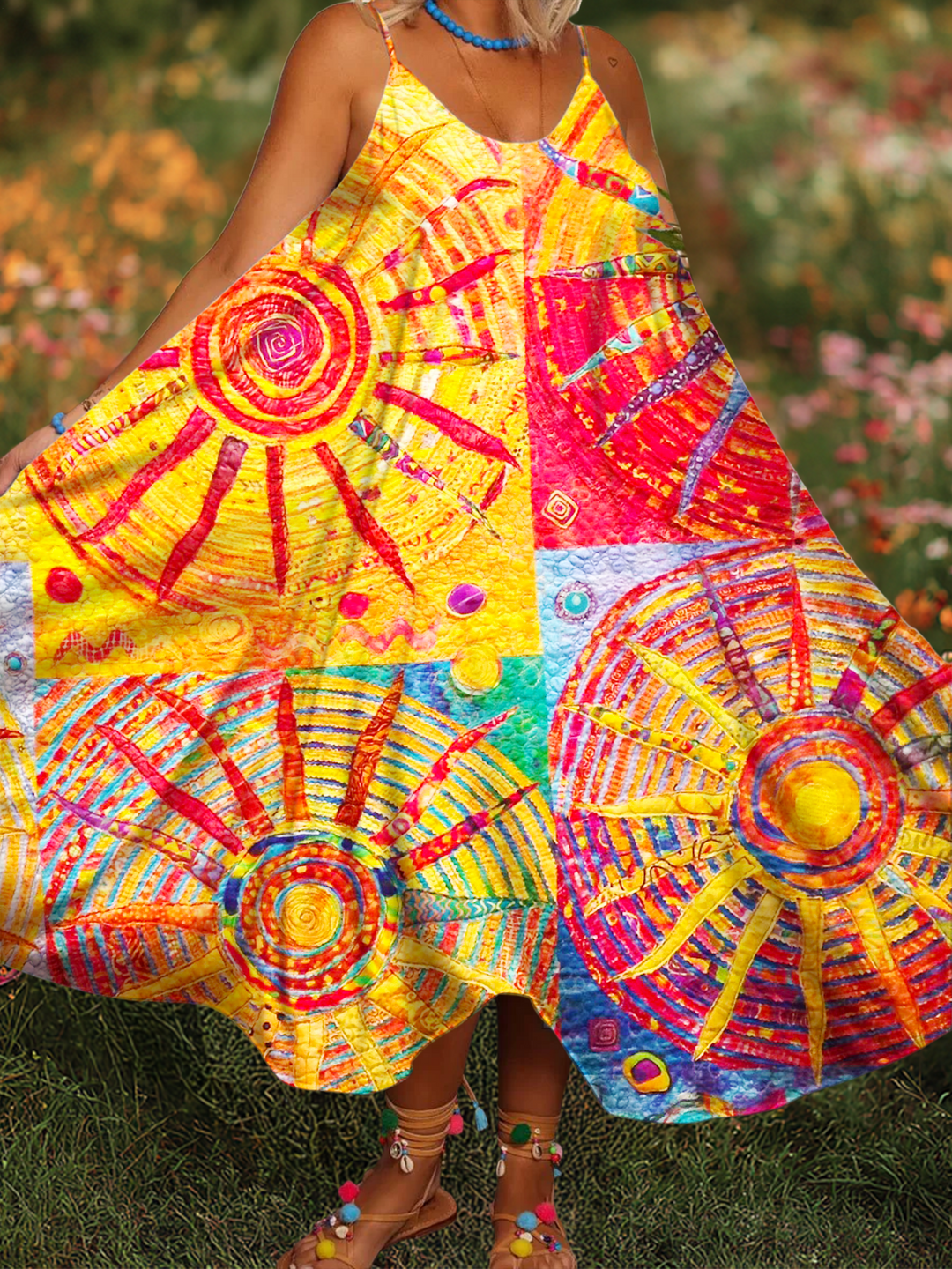 Colorful Sun Hippie Collage Art Women's Printed Casual Spaghetti Strap Dress