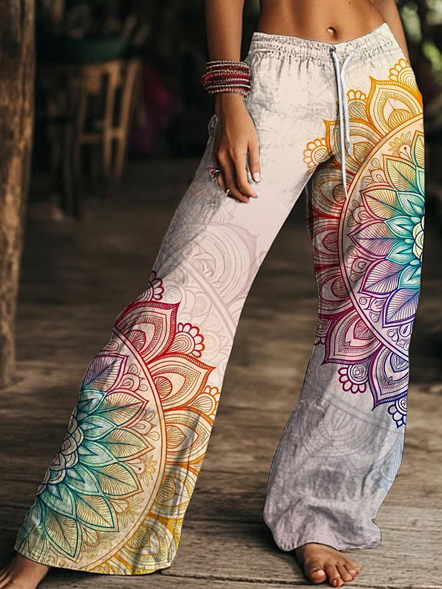 Retro Ethnic Style Gradient Kaleidoscope Art Women's Drawstring Wide-Leg Pants
