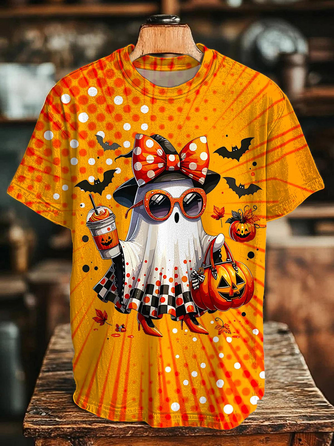 Halloween Ghost Polka Dot Print Crew Neck T-shirt