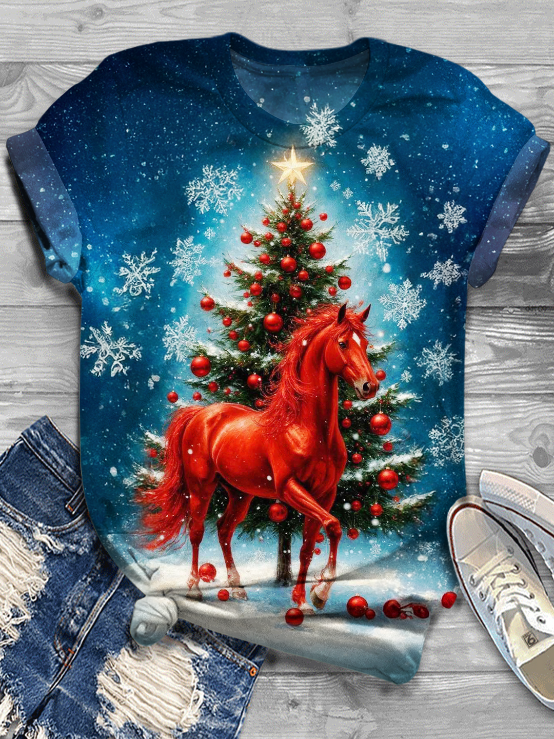 Winter Christmas Red Horse Crew Neck T-shirt