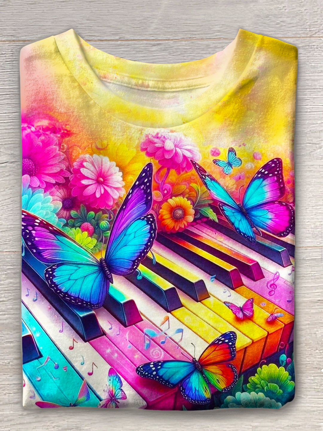 Hippie Piano Butterfly Art Crew Neck T-shirt