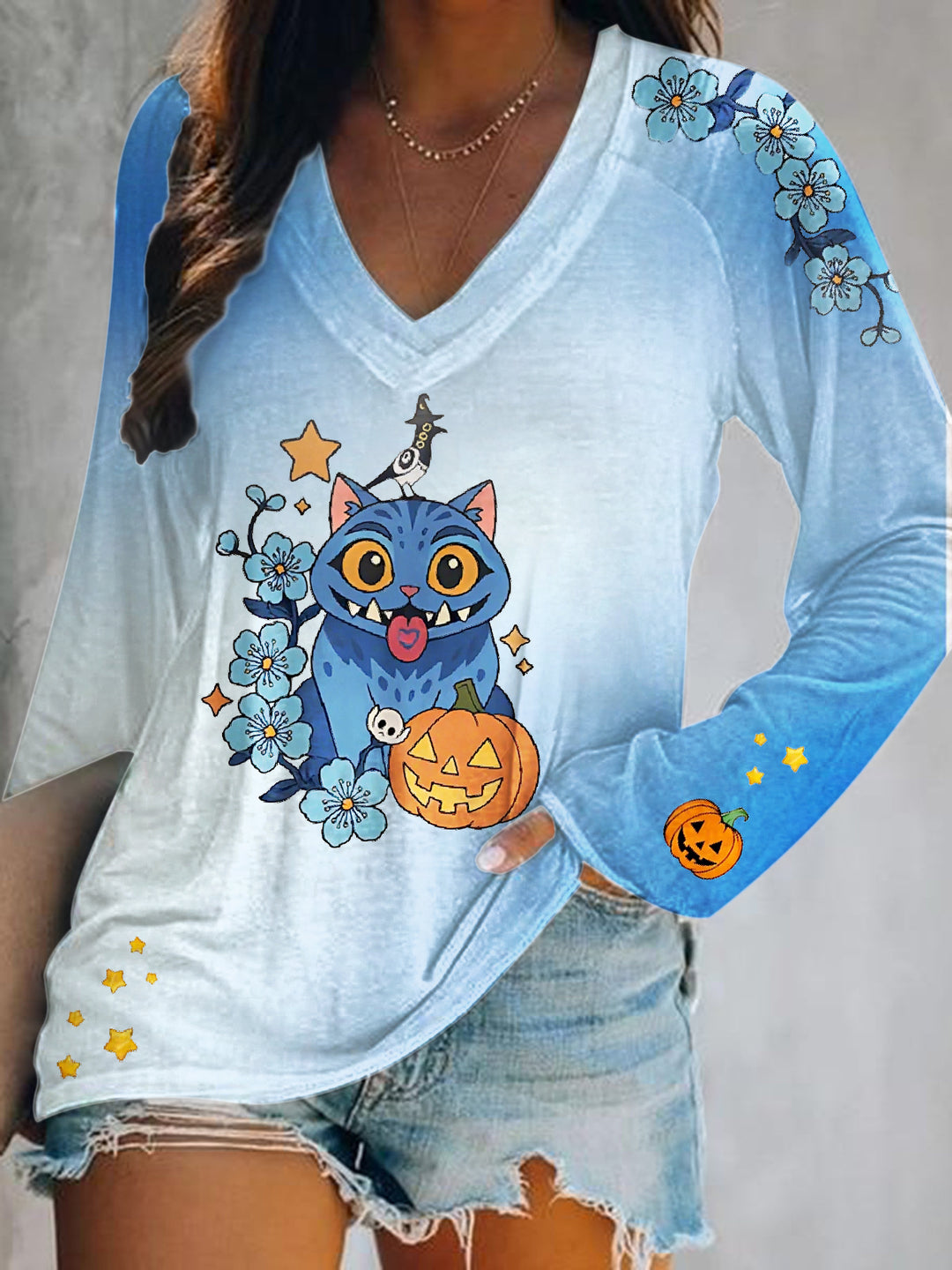 Halloween Demon Cat Derpy Print V-Neck Long Sleeve Top