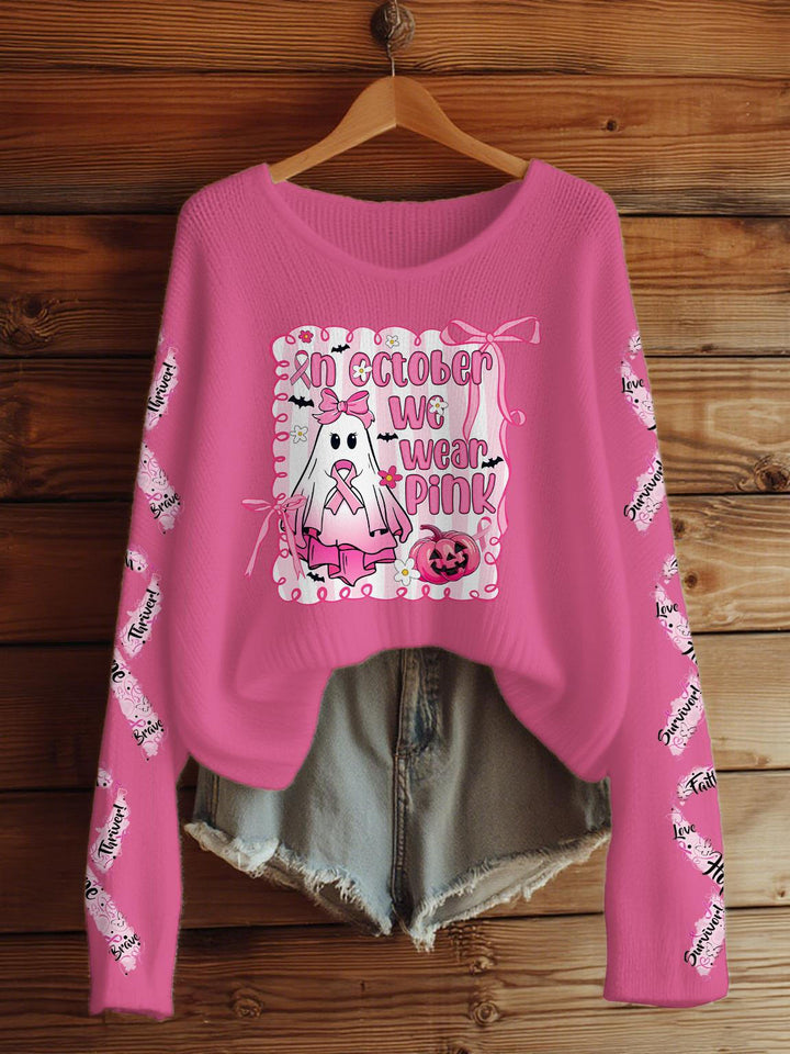 Cute breast cancer Awareness Print Casual Knitted Sweater