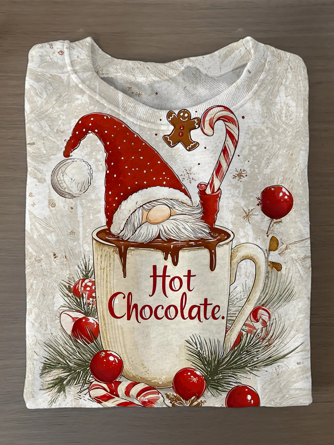 Retro Christmas Hot Chocolate Cookie Gnome Printed Long Sleeve Casual Top