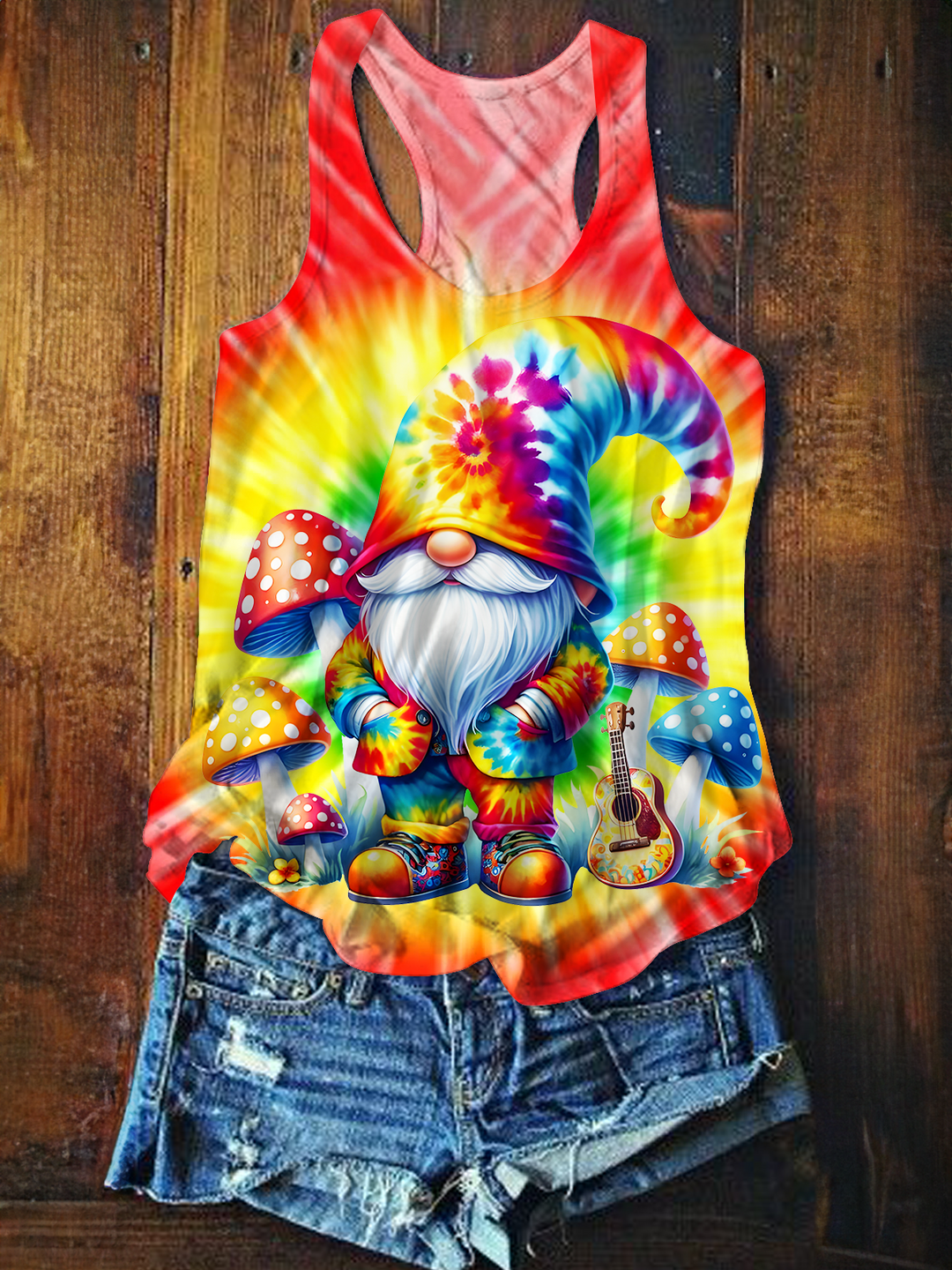 Tie-Dye Hippie Psychedelic Mushroom Gnome Printed Casual Tank Top