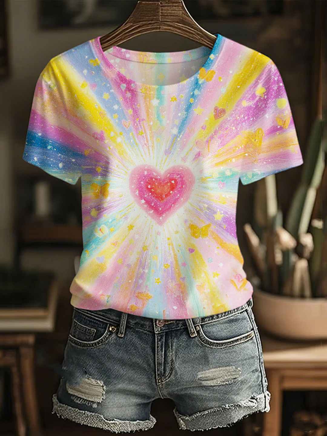 Colorful Glitter Hippie Love Crew Neck T-shirt