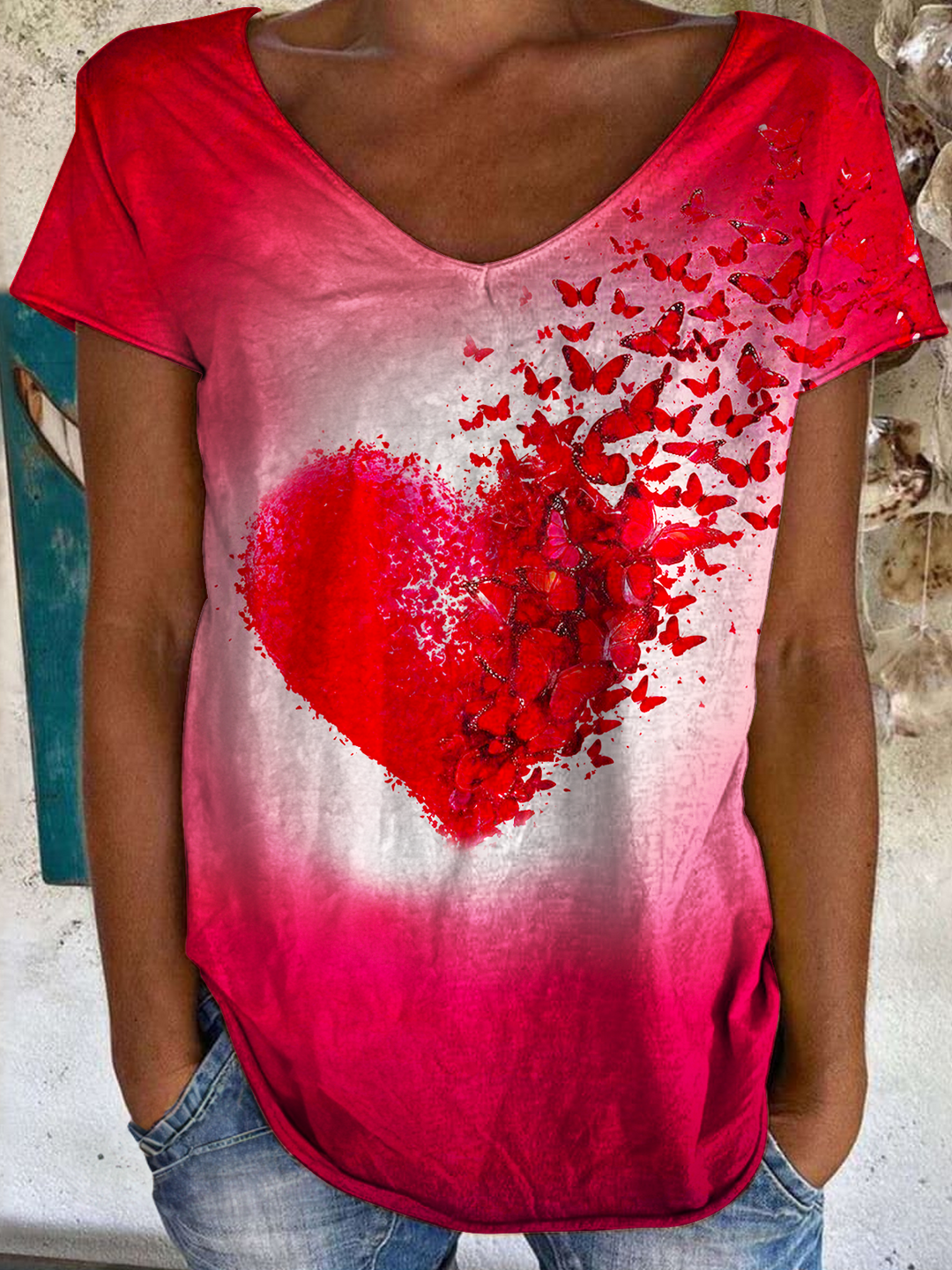 Red Hippie Butterfly Love Ladies V Neck Tops