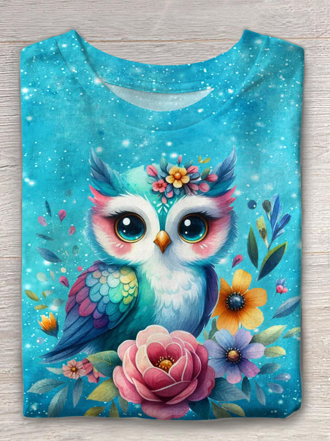 Cute Owl Flower Print Crew Neck T-shirt