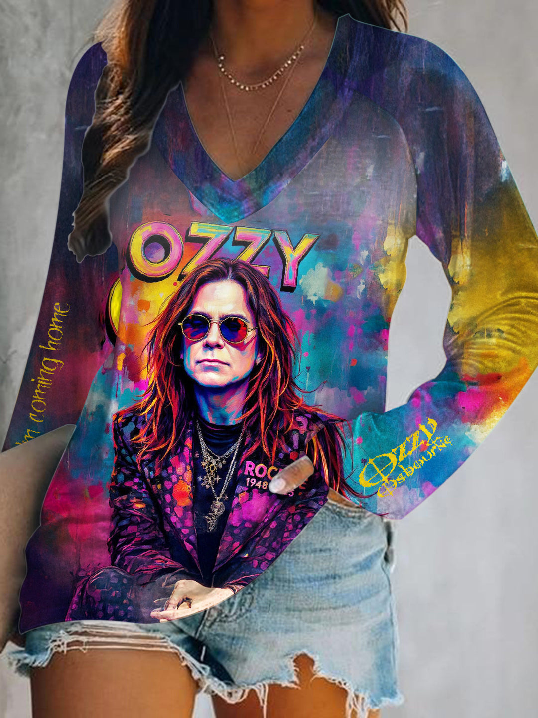 Ozzy Osbourne Retro Graffiti Print V-Neck Long Sleeve Top