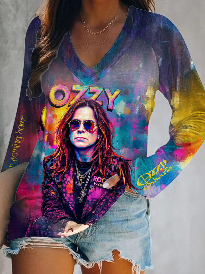 Ozzy Osbourne Retro Graffiti Print V-Neck Long Sleeve Top
